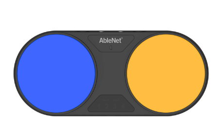 top view of bluetooth swith with blue button and yellow button