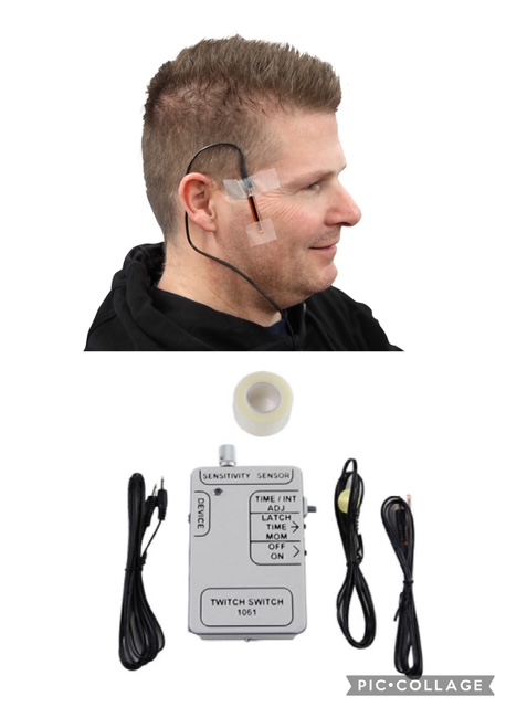 on top is a man wearing the switch sensor on forehead. on bottom is the twitch switch device and cords