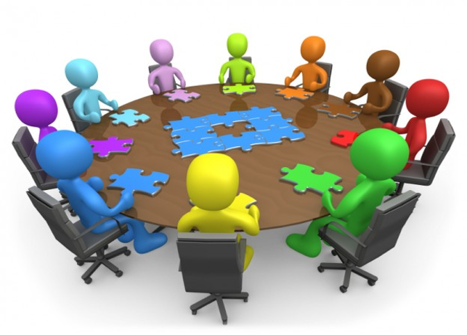 colorful but faceless, nameless people sitting around a conference room table