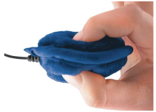 hand holding blue pillow speaker