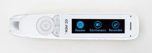 scanning pen showing screen with reader icon, dictionary icon, and recorder icon. 