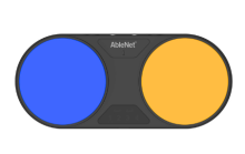 top view of bluetooth swith with blue button and yellow button