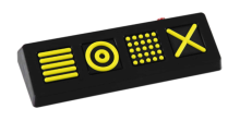 black communicator with 4 yellow, patterned buttons