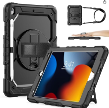 black case for iPad shown at three different angles