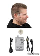 on top is a man wearing the switch sensor on forehead. on bottom is the twitch switch device and cords
